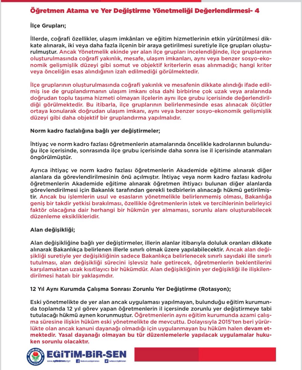 Öğretmen Atama ve Yer Değiştirme Yönetmeliği;

Fonksiyonel değeri ve sonuçları itibariyle yargı koridorlarında dosya konusu olacak maddeler içeriyor..

Özetle;
1-Zorunlu çalışma yükümlülüğüne bağlı olarak verilen artırımlı hizmet puanı uygulamasına son verilmesi, öğretmen