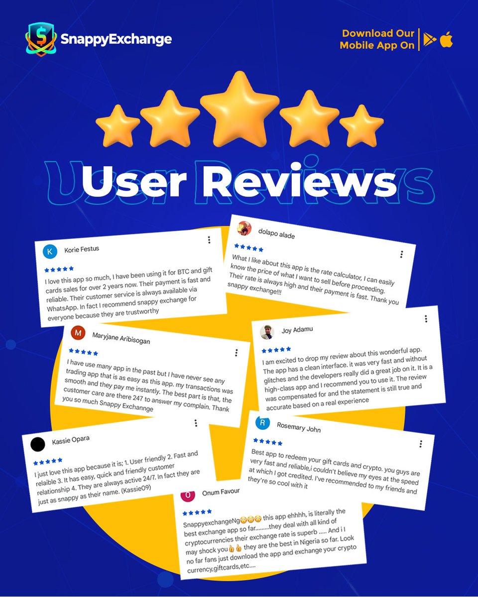 Nothing speaks louder than real user experiences.From fast payouts to  reliable support and great rates,our users say it best.Thank you for  trusting SnappyExchange every step of the way. Ready to trade with