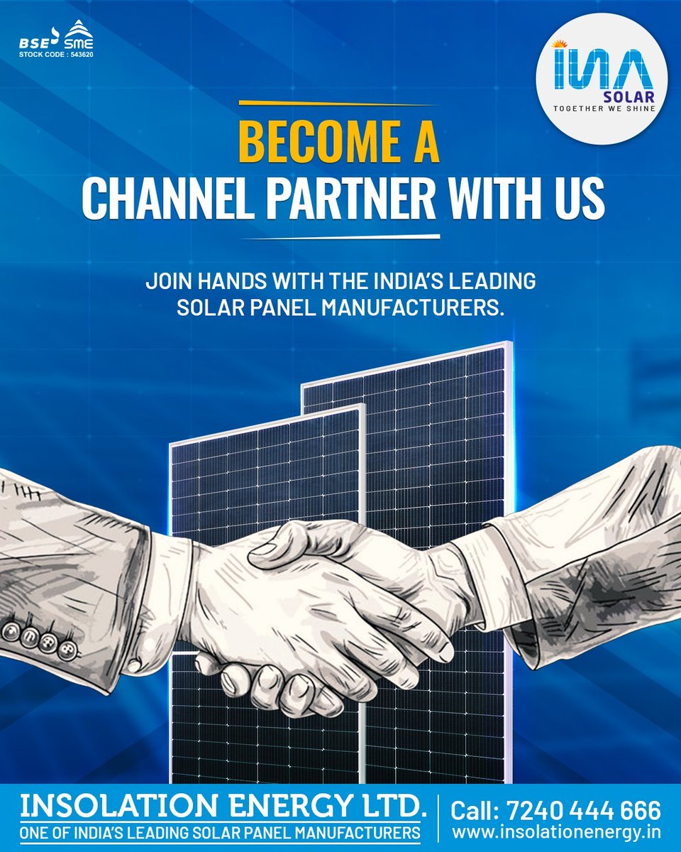 insolationenrgy's tweet photo. Strong Partnerships Power Stronger Progress.
INA Solar - One of India's Leading #SolarPanelManufacturers stands tall with proven manufacturing strength and pan-India presence.
Looking to grow your solar business?
Become a #ChannelPartner today.
Call: 7240444666
#INASolar https://t.co/pZs4jlS0gE