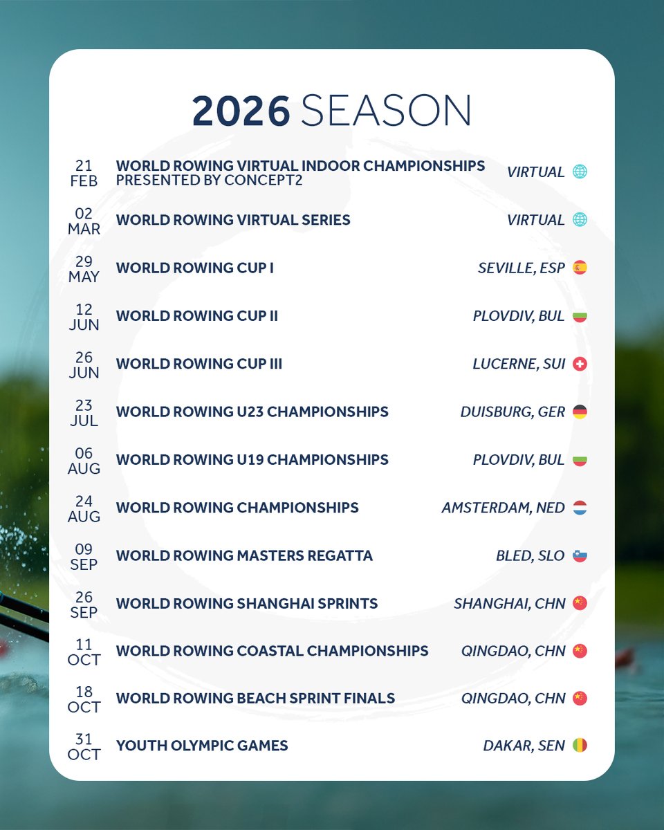 WorldRowing's tweet image. Mark your calendars 📆 The 2026 season is shaping up to be a big one. 😎

What are you looking forward to most? Let us know below 👇