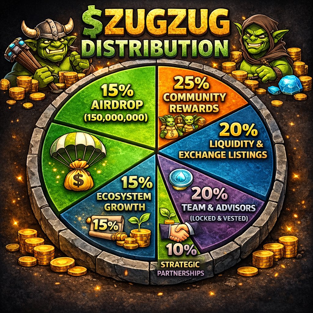 $ZUGZUG TOKEN DISTRIBUTION 🪂

Fair. Transparent. Community-first.

🪂 15% Airdrop (150,000,000)
🏆 25% Community Rewards
💧 20% Liquidity &amp; Exchange Listings
🧠 15% Team &amp; Advisors (locked &amp; vested)
🌱 15% Ecosystem Growth
🤝 10% Strategic Partnerships

🏅 Early supporters win.