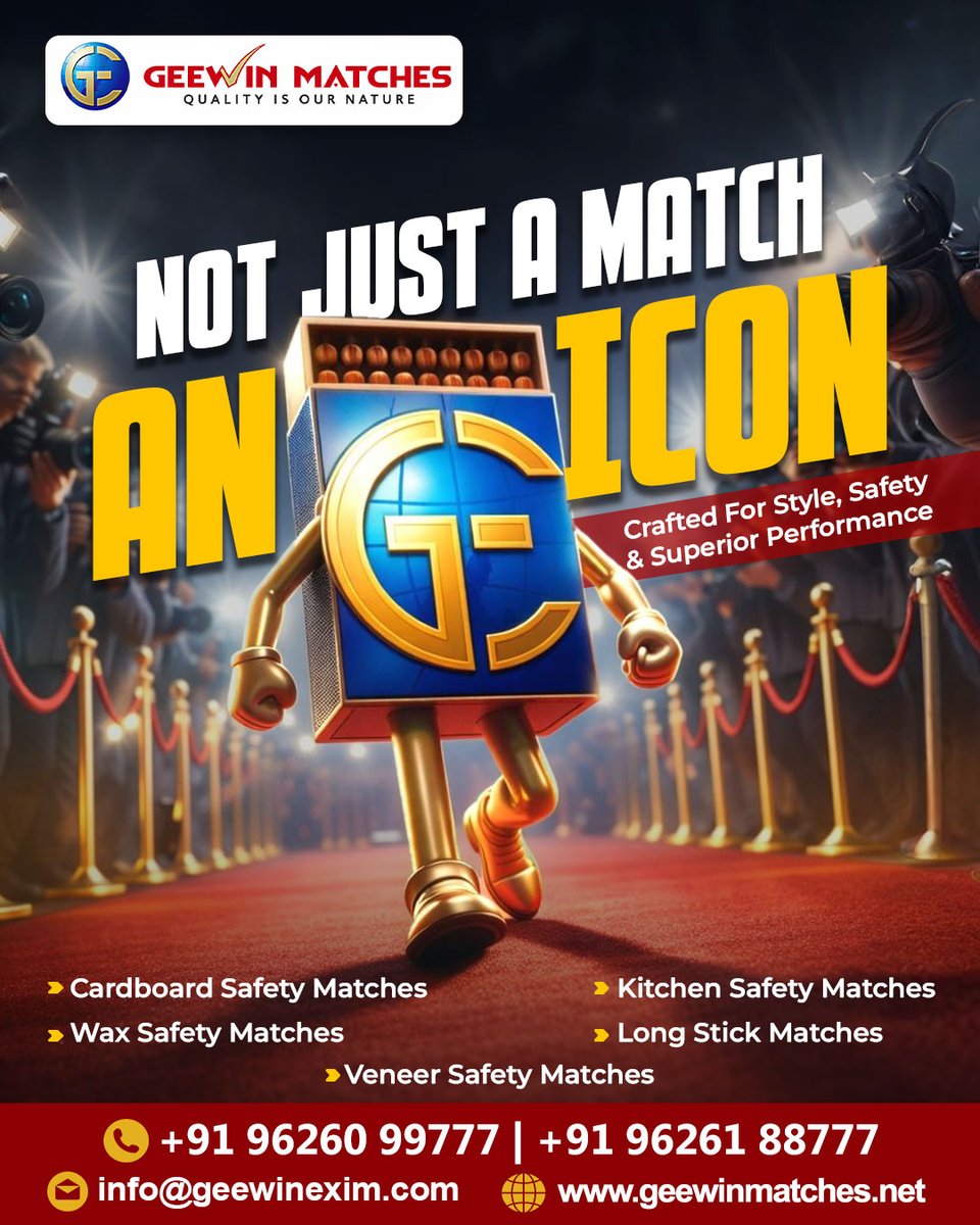GeewinM's tweet photo. 💎🔥 Not Just a Match — An Icon of Performance 🔥

🌐 Visit: https://geewinmatches

#GeewinMatches #SafetyMatches #KitchenMatches #WaxMatches #LongStickMatches #MatchboxManufacturer #MatchboxSupplier #CustomMatchboxes #PrivateLabelMatches #GlobalExports #MadeInIndia https://t.co/whQhmE1QsB