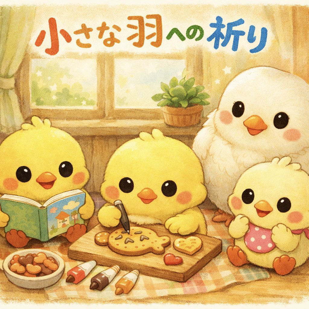 moconickmoco's tweet image. #ひよこものがたり
#ことばのおくりもの
第28話「小さな羽への祈り」

 ある日の夜、ヒヨコママは、窓の外を見つめながら、ゆっくりとお茶を飲んでいました。
空には星がまたたき、森の奥では虫たちの声が響いています。
そのころ、ヒヨコ三兄弟は部屋の中でワイワイ。…