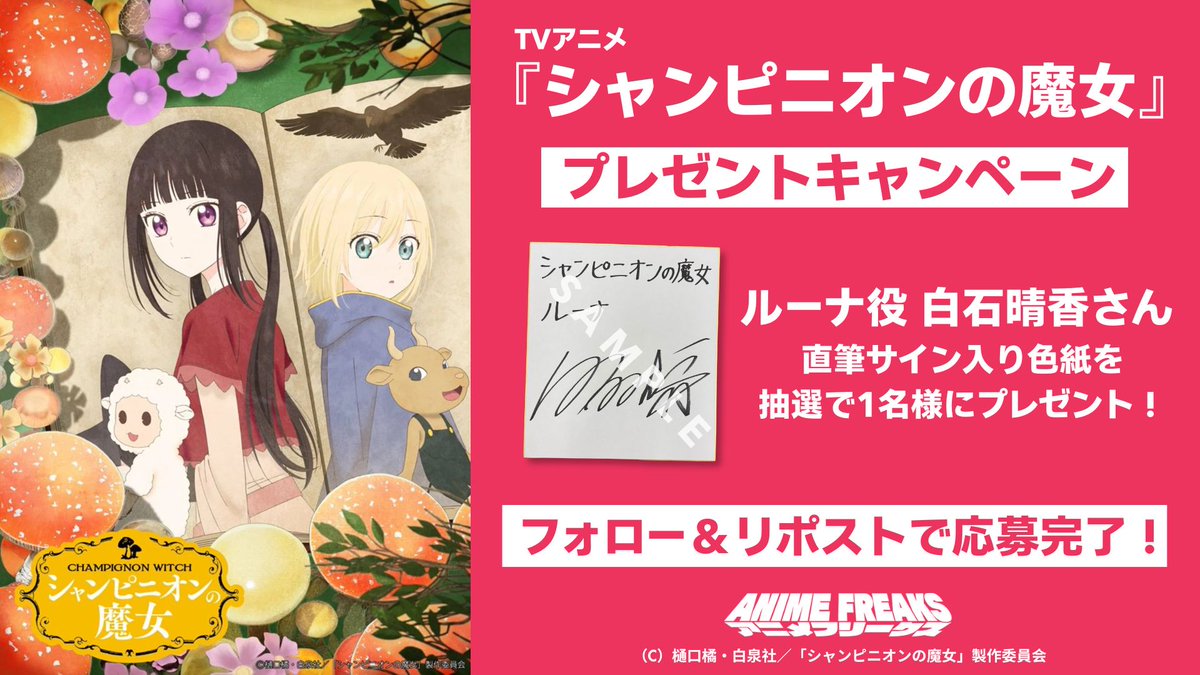 ／
TVアニメ『 #シャンピニオンの魔女 』
放送開始記念プレゼントキャンペーン🎁
＼

ルーナ役 白石晴香さん 直筆サイン入り色紙を
抽選で1名様にプレゼント！

▼応募方法
① <a href="/animefreaks_jp/">アニメフリークス</a> をフォロー
② 本投稿をリポスト

▼応募期限
1月18日（日）23:59まで