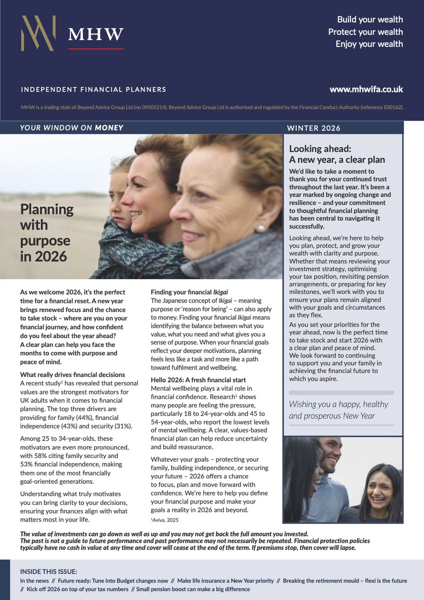 Our Window on Money quarterly newsletter is out. Download it along with other newsletters here.

mhwifa.co.uk/news/

If any of the content resonates with you, get in touch for a free review of your circumstances.

#money #personalfinance #mhwifa