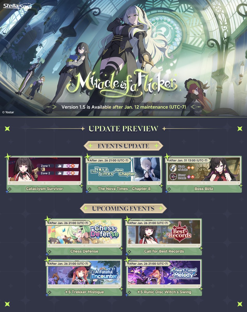 StellaSoraEN's tweet image. Dear Tyrant,

Here is a preview of the upcoming content available after the maintenance on Jan. 12, 2026 (UTC-7).

The brand-new ★5 Trekker: Firenze, ★5 Runic Disc: Wisteria Dream, Appearance for Fuyuka: Probation Period Cleared! (2D/3D) and Appearance for Amber: Playful…