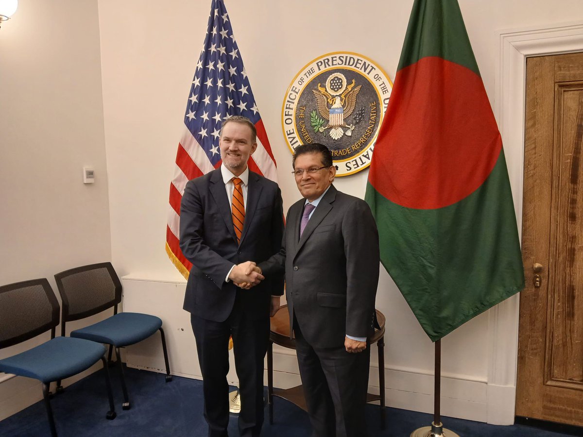 ChiefAdviserGoB's tweet photo. National Security Adviser Dr. Khalilur Rahman meets US Trade Representative Jamieson Greer in Washington DC

Washington DC, 08 January 2026: National Security Adviser Dr. Khalilur Rahman met with US Trade Representative Ambassador Jamieson Greer in Washington DC on Thursday afternoon. He also had a separate meeting with Assistant USTR Mr. Brendan Lynch.

During the meeting with Ambassador Greer, Dr. Rahman briefed him on the progress in reducing trade gap between Bangladesh and the United States. 

"Even before the formal execution of the reciprocal trade agreement, Bangladesh has made major strides in reducing the trade gap by substantially increasing imports from the US and has implemented some key aspects of the agreement," Dr. said. 

In light of this. Dr. Rahman proposed to USTR to reduce the reciprocal tariff from current 20 percent. Ambassador Greer agreed to positively consider this proposal.
 
He also agreed to give serious consideration to Dr. Rahman's proposal to lower or eliminate US reciprocal tariff on apparel using US content.

Both sides agreed to rapidly resolve a handful of outstanding matters in order that the reciprocal tariff agreement could be finalized and executed expeditiously.

Dr. Rahman pointed out that business contacts between Bangladesh and the US are expected to increase significantly in the coming days as a result of increased trade between the two countries. 

He invited Ambassador Greer to use his good offices to ease business travel by Bangladesh in light of the recent inclusion of Bangladesh in the US visa bond. 

Dr. Rahman also took the opportunity to request Bangladesh's access to DFC  funding for its private sector. Ambassador Greer assured Dr. Rahman of his efforts in these regards.

Bangladesh Ambassador to the US, Mr. Tareq Md Ariful Islam, accompanied the National Security Adviser while Assistant USTR Brendan Lynch and other officials were with the USTR.

Dr. Rahman is expected to meet with senior US State Department officials tomorrow.