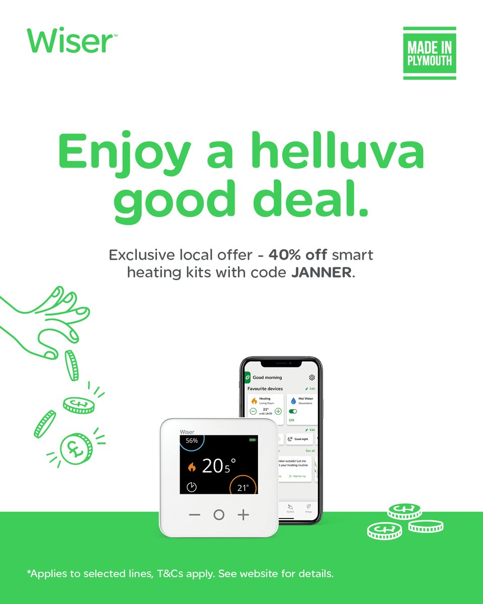 Enjoy a helluva good deal! 🔥 

Plymouth, this one’s for you! Get 40% OFF smart heating kits with code JANNER. 

✅ Smarter heating  
✅ Bigger savings  
✅ Made in Plymouth  

👉 Don’t miss out – upgrade your comfort today! 

#MadeInPlymouth #Offer #SupportLocal #SmartHeating
