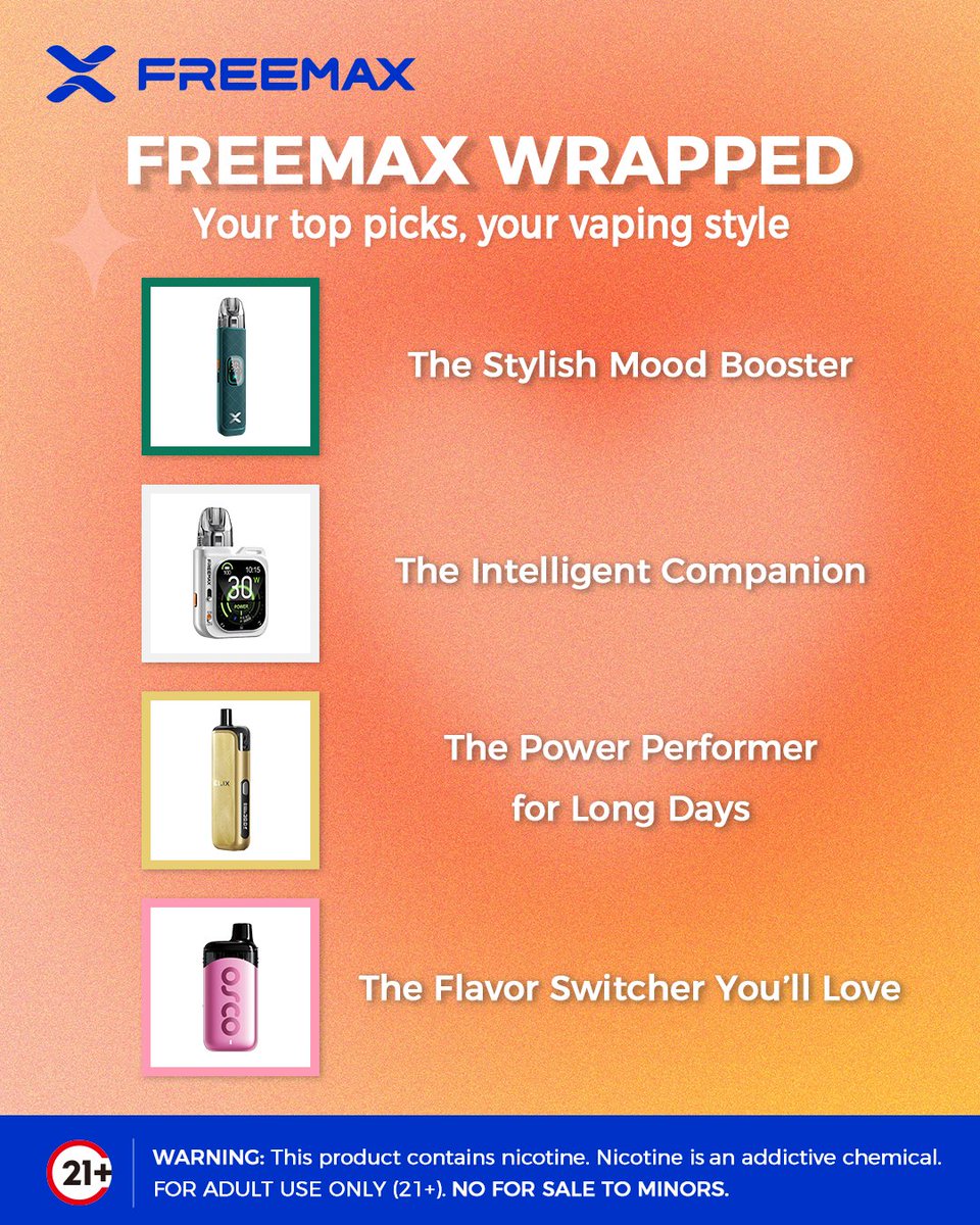 Freemaxvape's tweet photo. FREEMAX WRAPPED โจ
Your top picks, your vaping style.
Which one is you? ๐
.
.
.
.
.
โ ๏ธ Warning: This product contains nicotine. Nicotine is an addictive chemical.
๐ Must be 21+.
-
#freemaxvape #VapeCommunity #VapeLifestyle #exploremore #style https://t.co/Kx5nbJgOL3