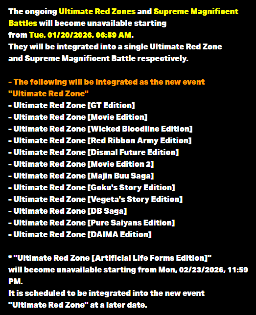ToonRami's tweet photo. ATTENTION CLEAR ALL RED ZONE AND BLUE ZONE EVENTS BEFORE JANUARY 20!!!!

Starting from Jan 20, all Red Zone and Blue Zone content will be unavailable. They will be combined into one giant RED ZONE and SUPREME MAGNIFICENT BATTLE later.

The event is a revamp. Therefore TONS OF STONES INCOMING!!!

The Artificial Lifeforms Red Zone will discontinue Feb 23 and later be added to the new giant RED ZONE.
#DokkanBattle
