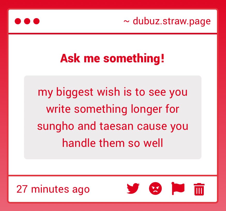 intimizzie's tweet image. rahhh i'd Love to write something longer for sungtaet!!! i've had this sungtaet wip for over a year now that i've been considering reworking...there's like 4k of it just sitting in my docs but the potential is There..
dubuz.straw.page