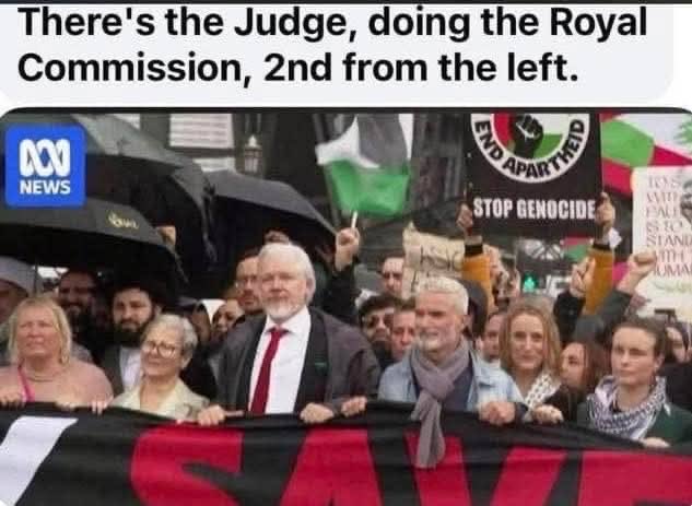 hughriminton's tweet image. A shot is doing the rounds claiming to show Bondi Royal Commissioner Virginia Bell in the front rank of the Sydney Harbour Bridge pro-Palestine demonstration. It is not her (fairly obviously). The pic is of Mary Kostakidis.