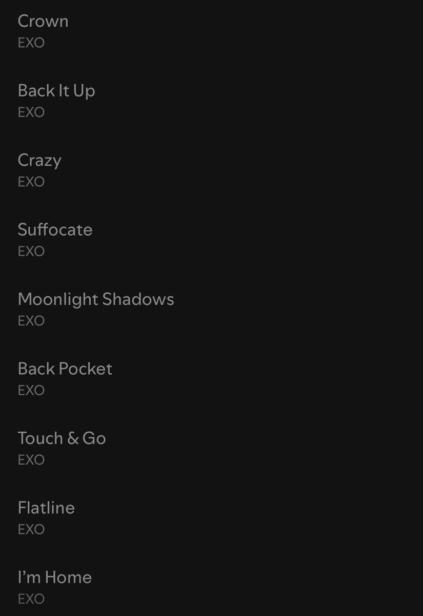 EXO REVERXE - THE 8TH ALBUM is now available for pre-save with the complete tracklist!!!!!! 😭🥹

💿 Crown
💿 Back It Up
💿 Crazy
💿 Suffocate
💿 Moonlight Shadows
💿 Back Pocket
💿 Touch &amp; Go
💿 Flatline
💿 I’m Home