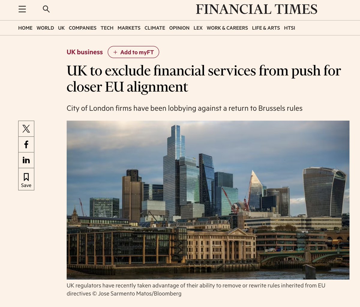 jamespriceglos's tweet image. We had years of the 'sensibles' telling us that Brexit would be terrible for financial services.

Now those same companies have successfully lobbied to keep out of Starmer's deranged 'closer EU alignment' because EU access isn’t worth having to follow EU rules.

Hilarious!