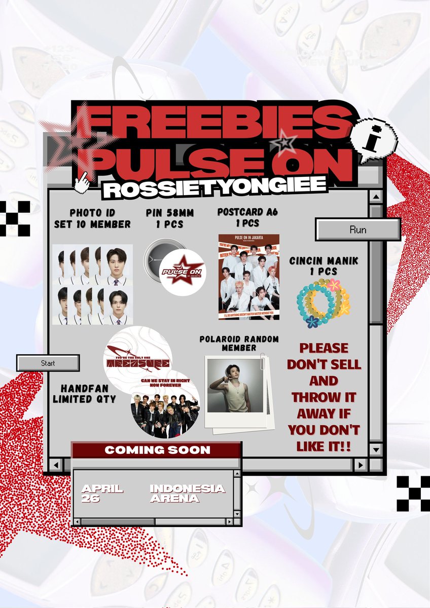 rossietyongiee's tweet image. ──★ ˙🧷 ̟ !!𖥻 ࣪ ִֶָ FREEBIES PULSE ON IN JAKARTA
by @rossietyongiee 

📍Indonesia Arena, GBK
🗓️ 26 April 2026 (Day 2)
⏰ TBA 

How to claim?
`♡´- Like &amp;amp; Rt appreciated 
`♡´- Find me and say "Hi"
`♡´- Kindly tag me if u get my freebies

see you! 🤍
[DM for freebies trade]