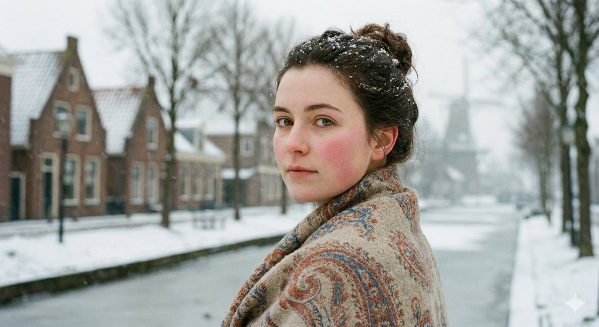 Nanobanana Pro "Netherlands after snow"
Prompt:
{
  "subject": {
    "description": "Young woman, approximately late teens or early 20s",
    "pose": "Looking back over her shoulder at the viewer, body turned slightly away",
    "expression": "Calm, neutral, slightly melancholic,