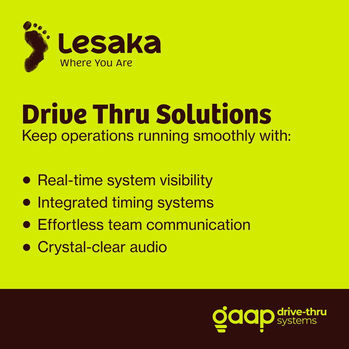 In today’s fast-paced QSR world, speed and accuracy aren’t optional — they’re expected.

Our Drive-thru solutions help you serve more cars, reduce wait times, and keep orders moving smoothly, even during peak hours. 

Learn more: gaap.co.za

#Lesaka #WhereYouAre