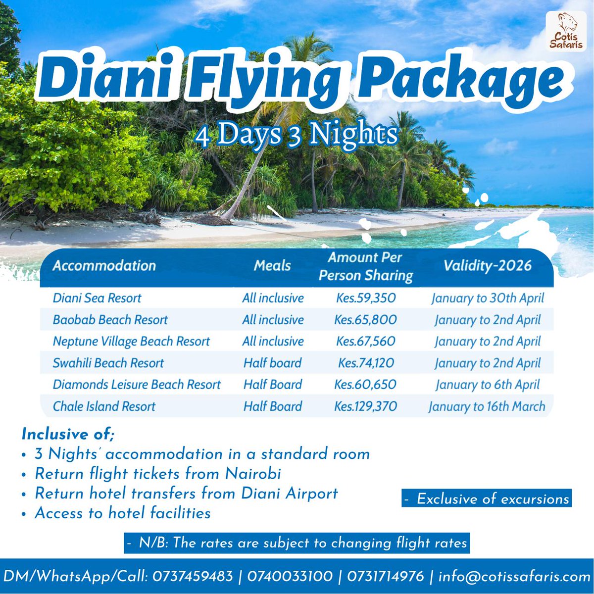 CotisSafaris's tweet photo. Dreaming of a perfect beach escape?

Grab our special Diani Beach offers now!

☎️+254 740 033 100 
☎️+254 731 714 976
☎️+254 737 459 483
📧 info@cotissafaris.com

#cotissafaris #DianiBeach #KenyaBeach #BeachHoliday #Safari https://t.co/EoedIKHH6P