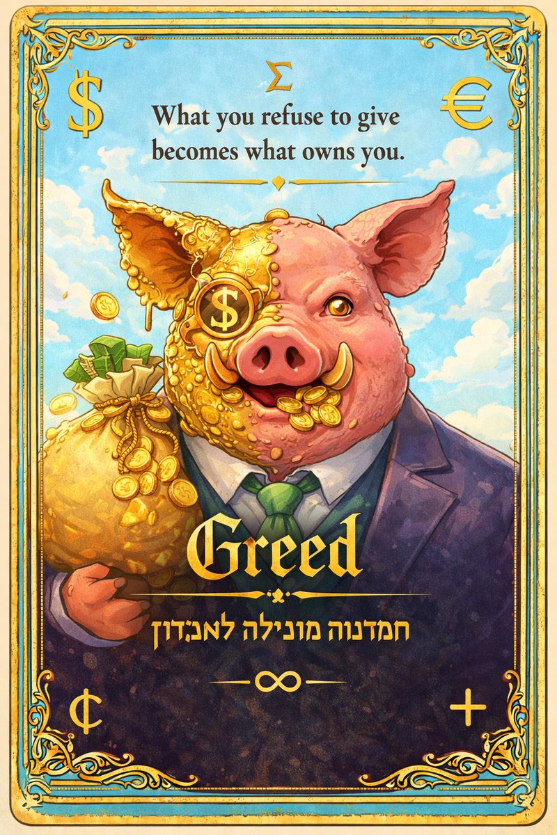 CorruptedPigs's tweet image. The line beneath the card is written in Hebrew:
חמדנות מובילה לאבדון
It means: “Greed leads to ruin” - an ancient Jew proverb. Oink oink 🐷