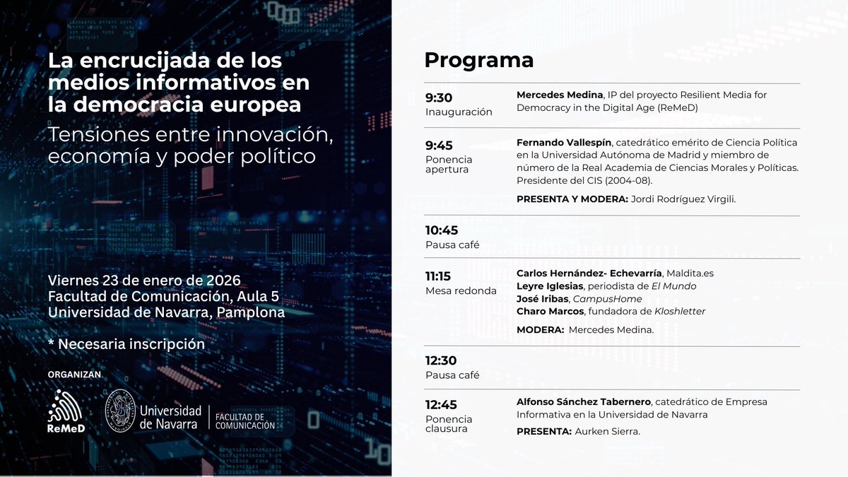 🗞️ ¿Qué papel tienen hoy los medios en la democracia europea?

<a href="/ResMediaEU/">Resilient Media EU</a>, coordinado desde <a href="/fcomunav/">fcomunav</a>, ha organizado una jornada para debatir junto a periodistas, académicos y profesionales de la comunicación.

🔗 Inscripción obligatoria: 
lnkd.in/eMRcHUBA