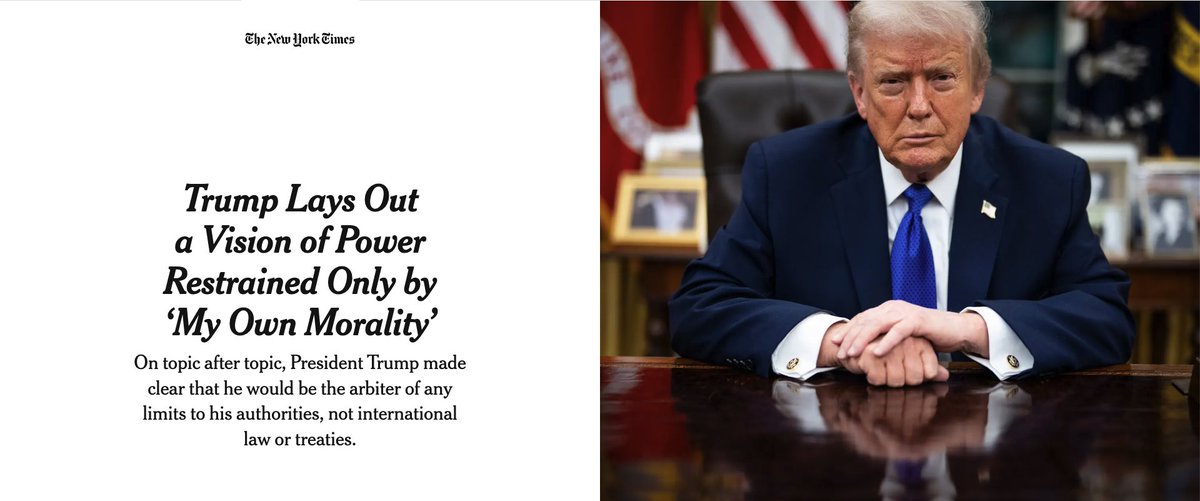 « Je n'ai pas besoin du droit international », dit Trump.

Car il estime que son pouvoir n’est limité que par « sa propre morale » (même pas la Constitution)...

Voilà pourquoi le droit est une nécessité absolue : Tout pouvoir sans contraintes est tyrannique.

Leçon séculaire.