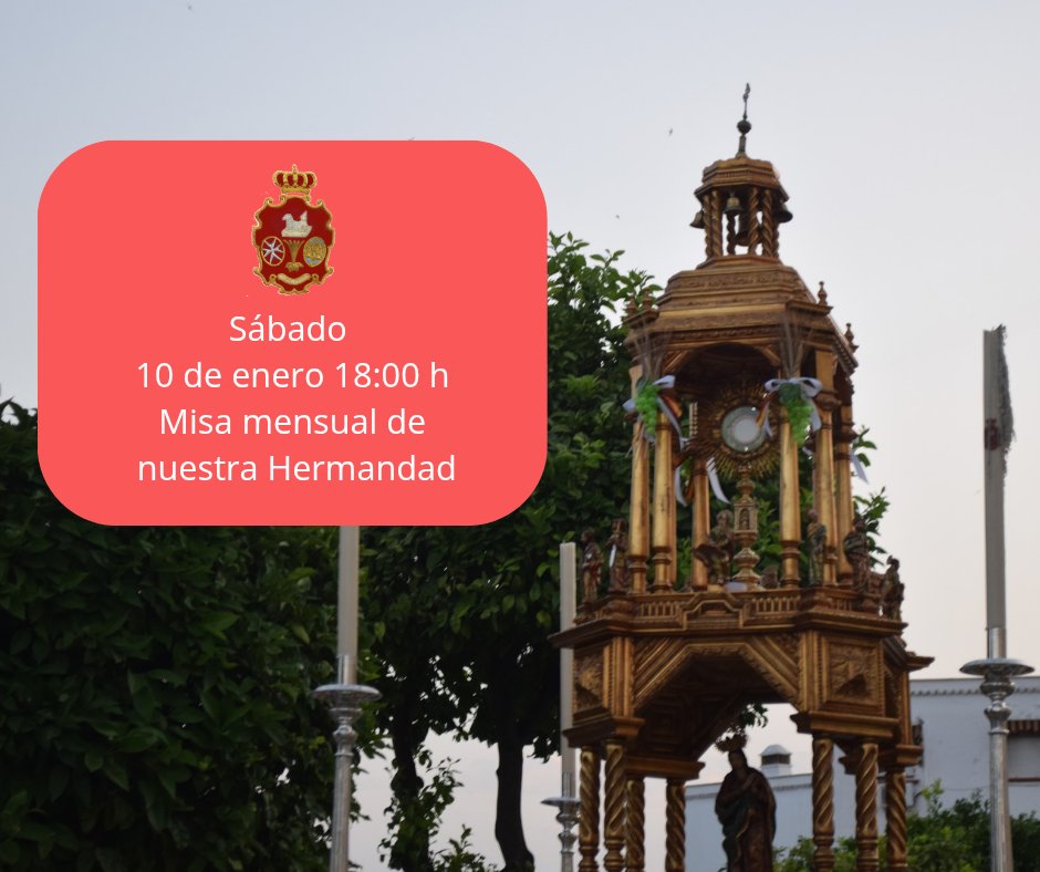 ℹ️ MISA MENSUAL 

Este próximo sábado 10 de enero a las 18:00 horas celebraremos nuestra Misa mensual en comunión con la Parroquia de los Sagrados Corazones.

#TDSCofrade