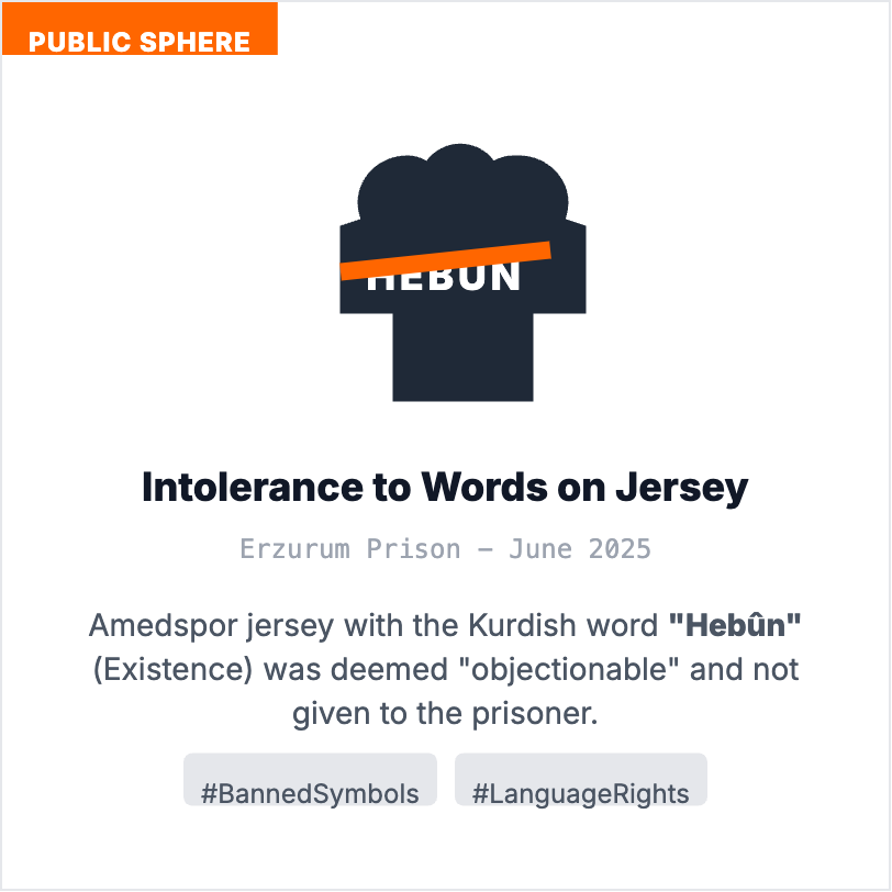 monitorkurdish's tweet photo. 👕 Intolerance to "Existence"

Even the word 'Hebûn' (Existence) is deemed "objectionable." In Erzurum, an Amedspor jersey was banned simply because of a Kurdish word on it. Intolerance towards Kurdish symbols and identity in the public sphere persists. https://t.co/sQiott65V6