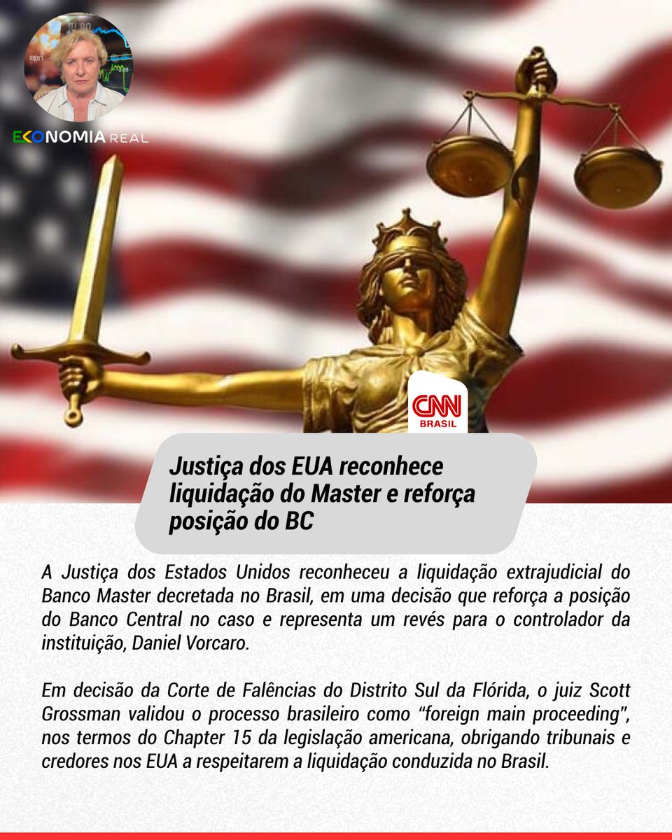 A Justiça dos EUA reconheceu a liquidação do Banco Master, reforçando a decisão técnica do Banco Central do Brasil. A medida invalida tentativas de reverter o processo em solo americano e protege os ativos da instituição sob a jurisdição brasileira.

@cnnbrasil