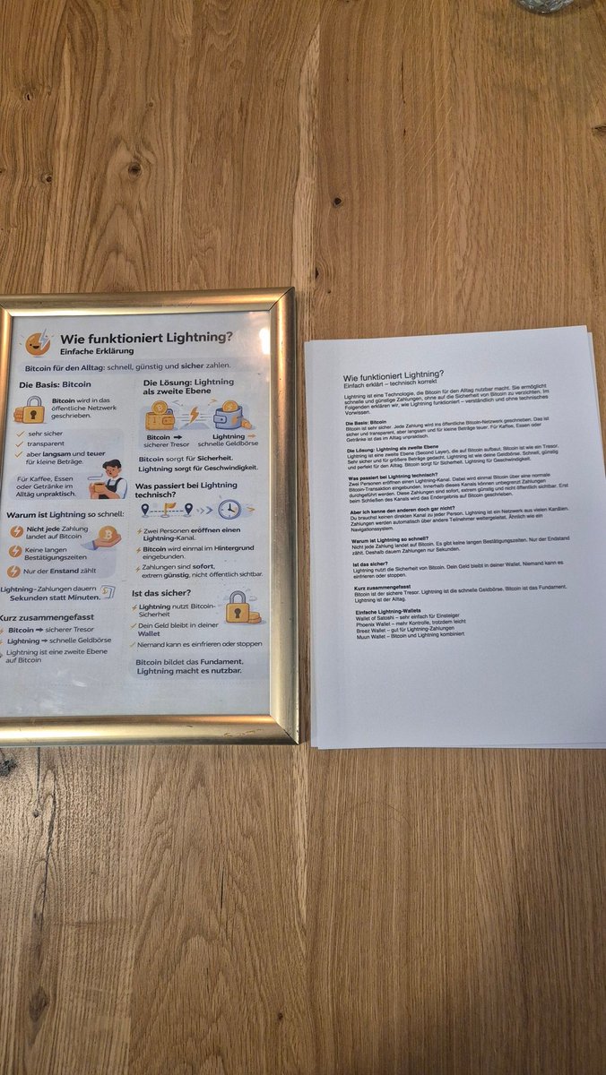 Es kommt häufig vor, dass Gäste mit Bitcoin zahlen möchten, jedoch nicht  wissen, was Lightning ist oder keine Lightning-Wallet haben. Aus diesem  Grund haben wir diese kurze Erklärung für unsere Gäste ausgedruckt.