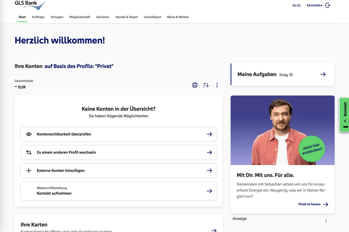 Meine Kontokündigung ist nun vollstreckt: Ab heute sind meine Konten bei der GLS-Bank vollständig gelöscht, sowohl mein Geschäftskonto, als auch mein privates Tagesgeld-Konto - so sieht das dann aus. Selbst die Kontoauszüge der letzten Jahre sind nicht mehr abrufbar - meine