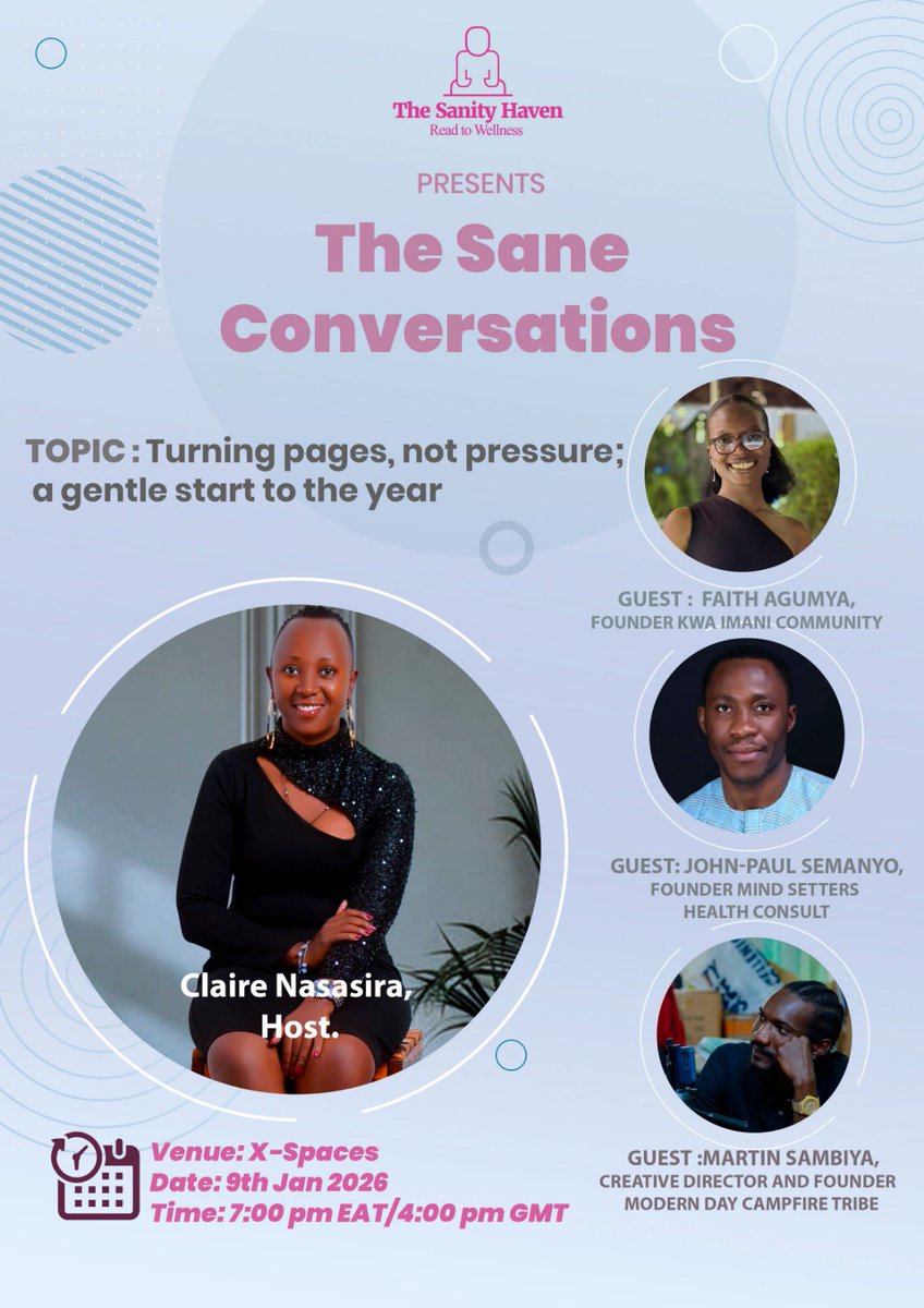 Most cases we start the year both excited and anxious about what is ahead. Join us tonight, let’s start the year together ✨
<a href="/TheSanityHaven/">The Sanity Haven</a> 
<a href="/bwesigye/">Friday BBM</a> 
<a href="/rkabushenga/">Snr. Cde. Robert Kabushenga</a> 
<a href="/NationalSIGUg/">National Secretariat for Special Interest Groups</a> 
<a href="/auma_rita/">Auma Rita</a> 
<a href="/kwaimani3/">kwa Imani Community</a>