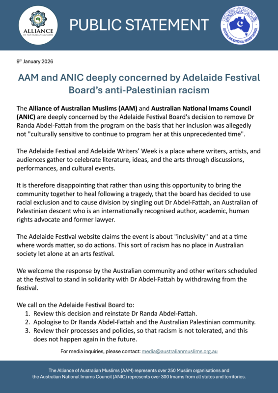 ImamsCouncil's tweet image. The Alliance of Australian Muslims (AAM) and Australian National Imams Council (ANIC) are deeply concerned by the Adelaide Festival Board's decision to remove Dr Randa Abdel-Fattah from the program on the basis that her inclusion was allegedly not "culturally sensitive to…