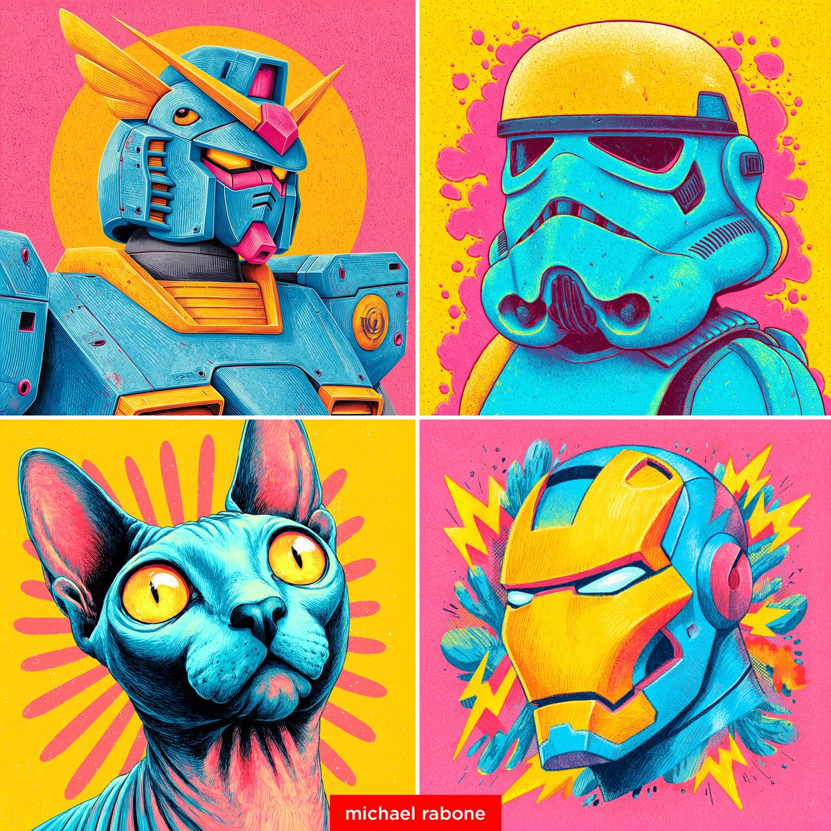 michaelrabone's tweet image. New Style --sref 3227137245
Bubblegum Neon Comic Pop-Art

New Midjourney style, neon pop-art bubblegum wrapper illustration with graphic poster design, comic book aesthetics, splash and lightning, retro screen print textures

Gundam --sref 3227137245
--sw 100 --stylize 300 --v 7