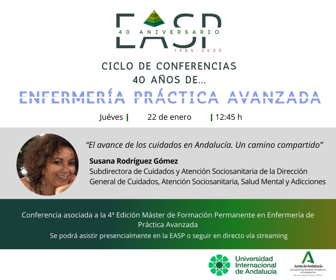 #40EASP

"El avance de los cuidados en Andalucía. Un camino compartido"

- Susana Rodríguez. Subd. Cuidados y At. Sociosan. DG de Cuidados, Atención Sociosanitaria, Salud Mental y Adicciones.

🗓️ 22 enero - 12:45 h
Virtual y 💺Presencial. No inscripción

easp.ws/epa40x