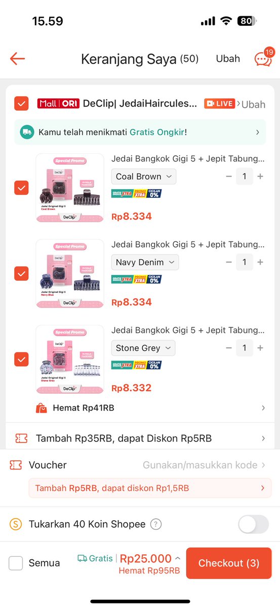 lumayan nih jedai declip dapat 3 bundling cuma 25k

s.shopee.co.id/3qGiMtpMpy