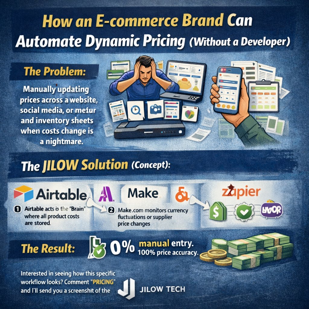 JILOWTech's tweet photo. How an E-commerce brand can automate dynamic pricing (Without a developer).

The Problem: Manually updating prices across a website, social media, and inventory sheets when costs change is a nightmare. https://t.co/fgD6M45TCz