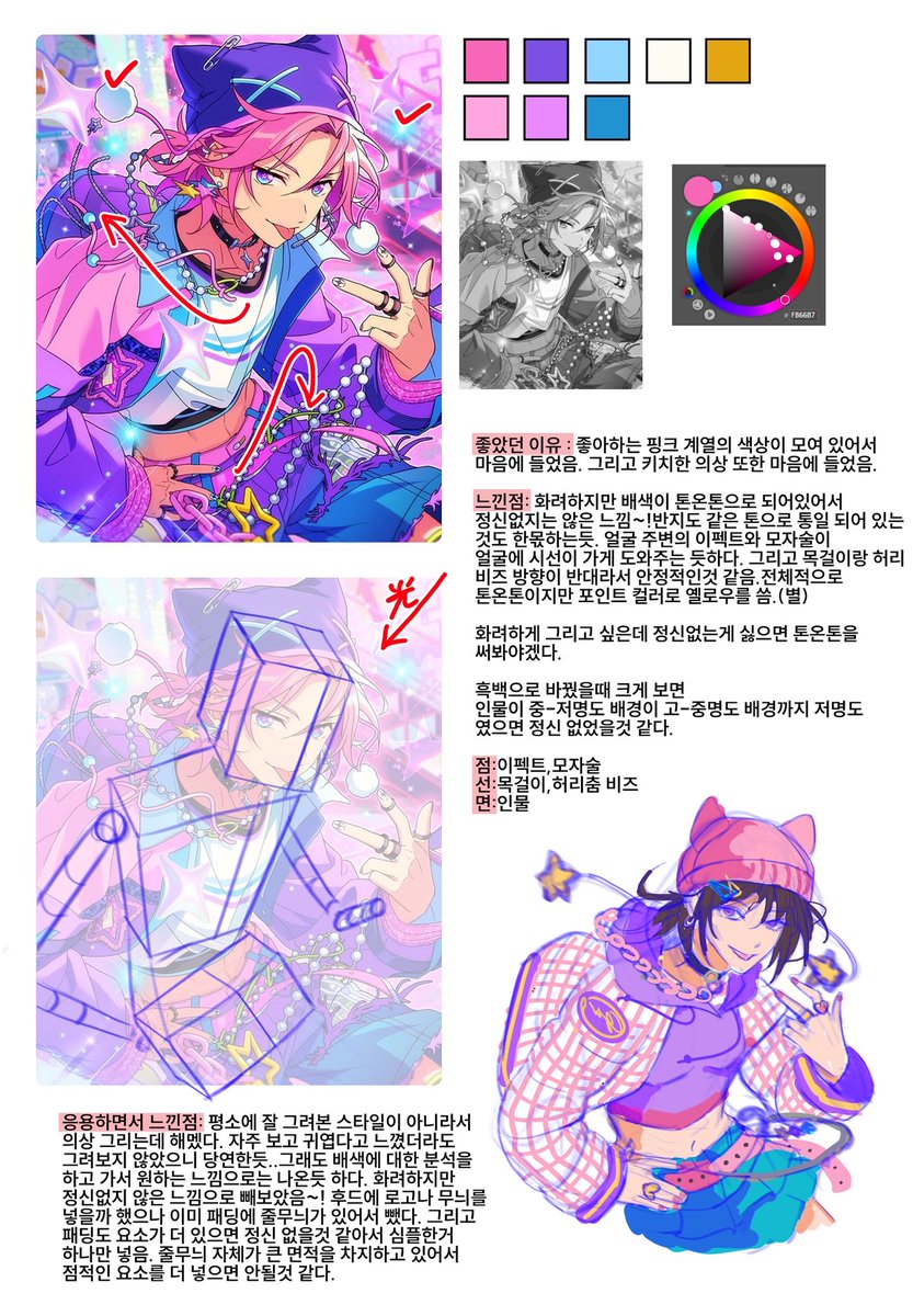 <1시간 앙스타 공부법> 
1.일러에서 사용된 색 분석하기/흑백으로 바꿔서 명도 분석해보기 (인물과 배경의 명도차이) 
2.좋았던 이유 적기! (자신의취향 텍스트화하기)
3.일러 자체의 객관적인 느낌 적기 (빛방향, 도형화도 함께 해주면 좋음) 
4.일러내에서 점/선/면 요소가 어떻게 활용됬는지