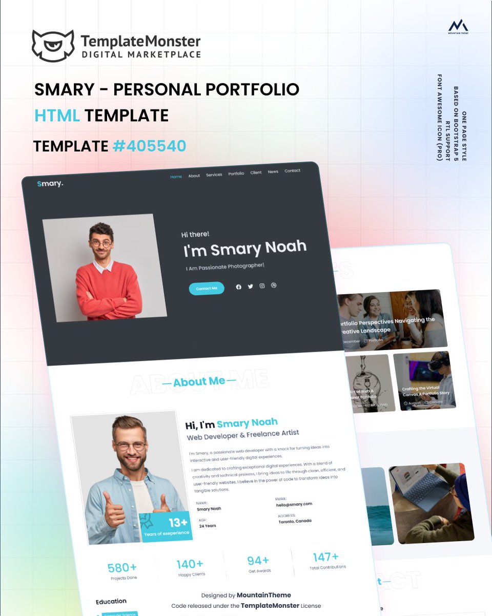 Mountain_Theme's tweet photo. Showcase your work with confidence and style using Smary Template ✨
Smary - Personal Portfolio HTML Template
Template ID: 405540

🔥Link: https://t.co/W32ZyY8gdB

🔥Grab this template now on @templatemonster https://t.co/m9MCPFj3ZS