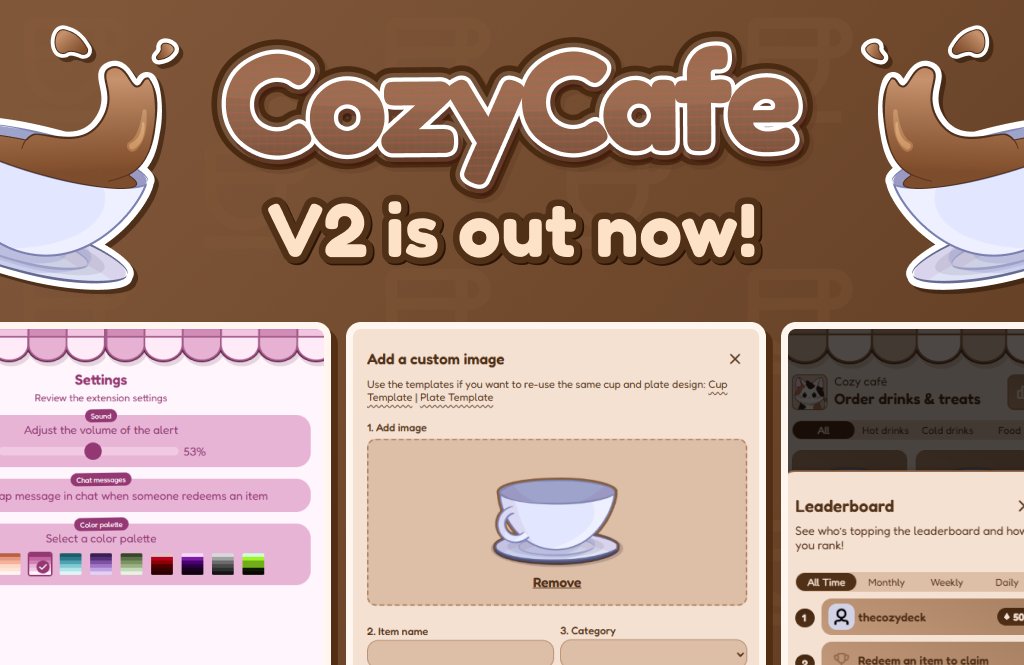 thecozydeck's tweet photo. 1/6🧵 𝐂𝐨𝐳𝐲 𝐂𝐚𝐟𝐞́ 𝐯𝟐 𝐢𝐬 𝐥𝐢𝐯𝐞!☕

New:
• 6 custom items
• 3 custom visitors
• 1 custom wallpaper and counter
• 10 new color palettes
• Leaderboard
• Chat message on completed orders
• Fixed décor saving bug

More details below ⬇️
RTs appreciated 💛 https://t.co/uOOOJe9ibJ