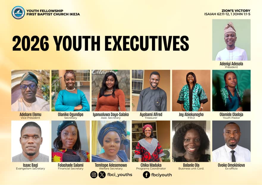 Meet your FBCI 2026 Youth Fellowship Executives. We kindly ask that you accord them every form of support and cooperation as they serve. Shalom!