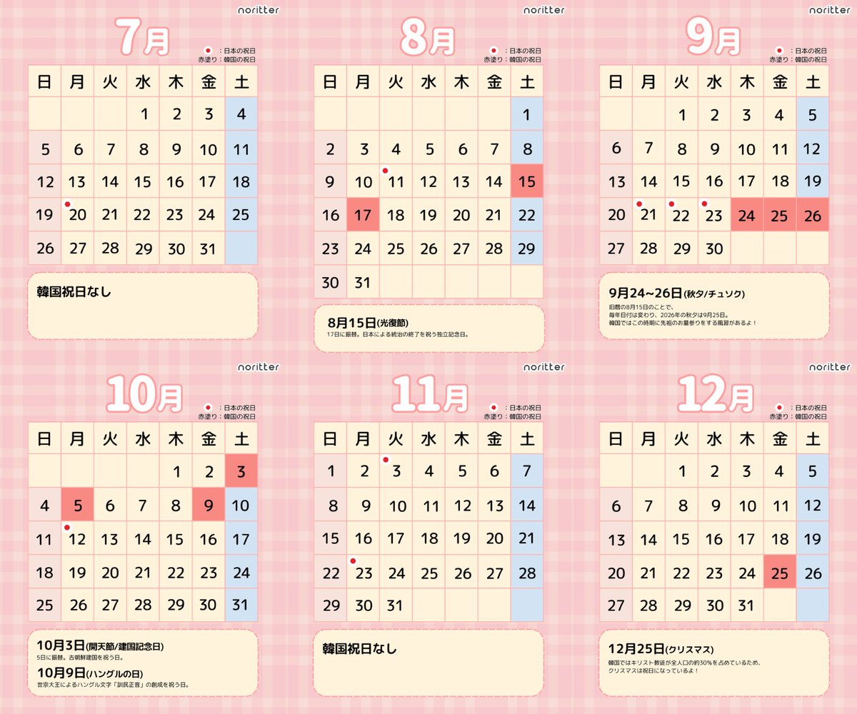 2026年韓国年間カレンダー✨

今年の韓国の祝日をまとめた
年間カレンダーを作ったよ📓
韓国の祝日は日本より少なめ😭

今年はソルラルが2月にあって、
この連休中はお休みになるお店が多いから
渡韓予定の人は要チェックだよ！！

韓国旅行の計画を立てる時にぜひ参考にしてね💕