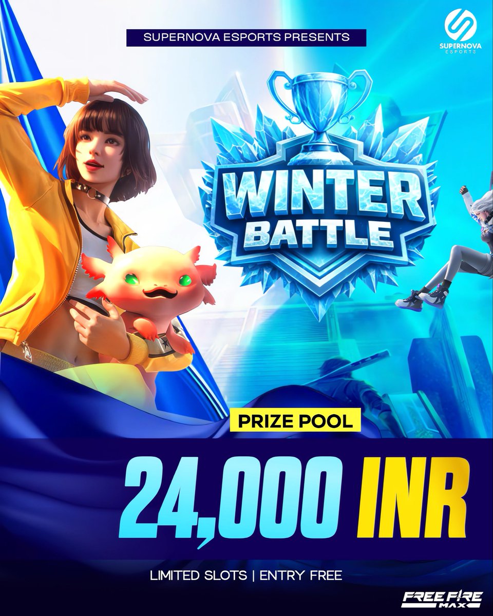 SNesportsIndia's tweet photo. 💰 PRIZE POOL REVEALED! 💰

🏆 ₹24,000 INR
❄️ Winter Battle ❄️

🎮 Free Fire India
⚡ Presented by Supernova Esports

🗣️ “Skills dikhao, prize uthao – winter mein jeet ka maza hi alag hai!”
🔥Limited Slots

 Register Started Check my bio 
.
.

#freefiremax #freefireindiaofficial https://t.co/exQjtwPyLq
