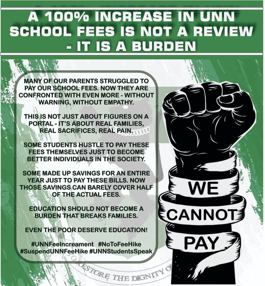 ThetrustMedia's tweet photo. UNN Students, your fate is in your hands‼️

It’s time for YOU to decide! Now that the portal for returning students is not open yet.

#UNNFeeIncreament
#NoToFeeHike
#SuspendUNNFeeHike
#UNNStudentsSpeak 
@vdmempire 
@eric_gugua 
@yabaleftonline 
@instablog9ja https://t.co/2k0ub3AwXK
