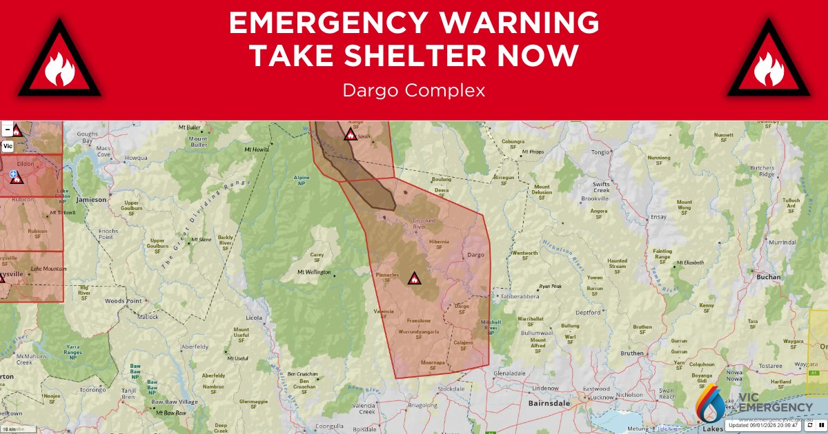vicemergency's tweet photo. EMERGENCY WARNING - BUSHFIRE - Take Shelter Now

More details at https://t.co/pkHy2WXZRB

This Emergency Warning is being issued for Dargo Complex. https://t.co/xmlh2413ep