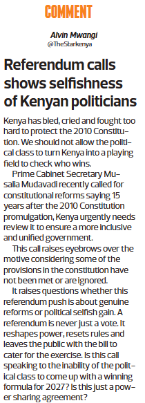 Alvinmwangi254's tweet photo. The call for Referendum isnt about fixing the Constitution, it's about a president &amp; political class who feel the shift under &amp; now want to rewrite the rule book before the whistle blows.

Read/share my opinion on  #RejectConstitutionalReferendum as published by @thestarkenya https://t.co/Jwxk9ptf2L