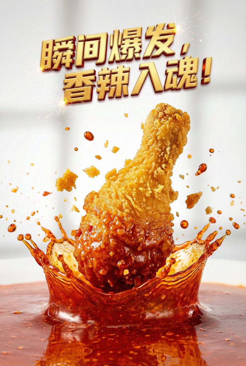 AI也许真的可以设计广告宣传画，比如今天做的炸鸡海报，很像小时候在快餐厅看到的风格：
Prompt Nanobanana:
{
  "project": {
    "title": "超视觉炸鸡微距系列",
    "version": "2.0_结构化_高速摄影",
    "target_aesthetic": "高端商业广告大片"
  },
  "technical_foundation": {