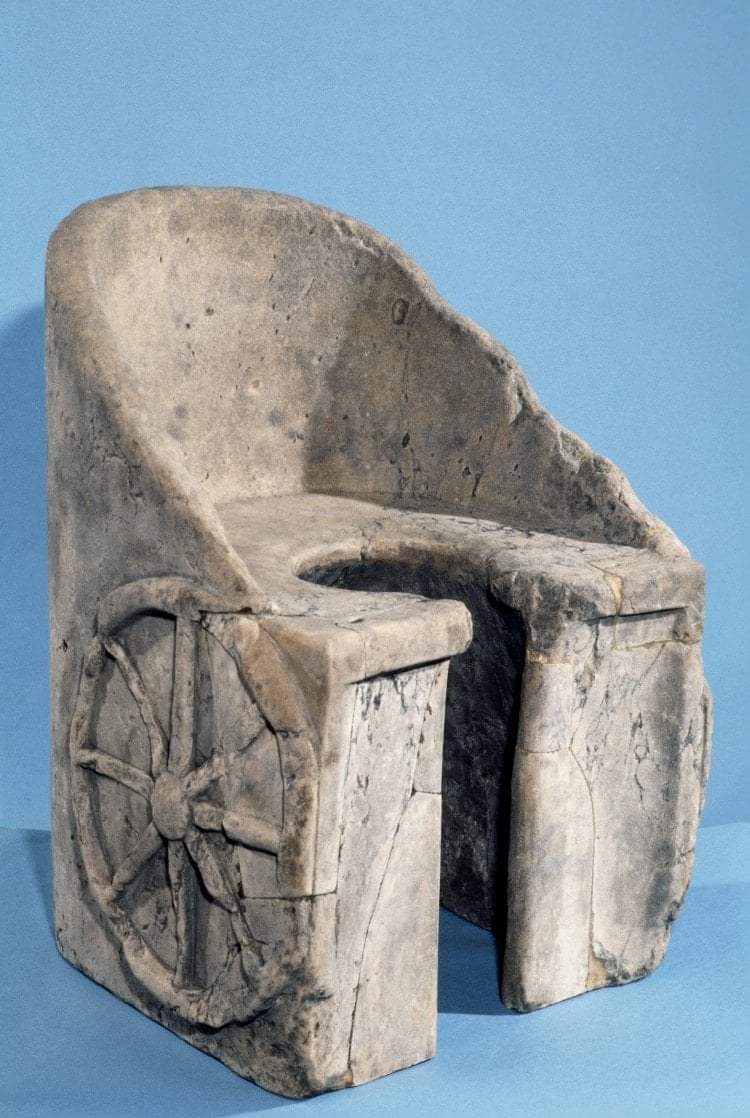 Ancient Roman Pavonazzo-Marble Bath-Chair or Toilet Seat (2nd-3rd Century  AD), in the shape of a Chariot, from the baths of Caracalla, Rome - Italy  🇮🇹. It was found by Charles Townley in, image size:750x1118