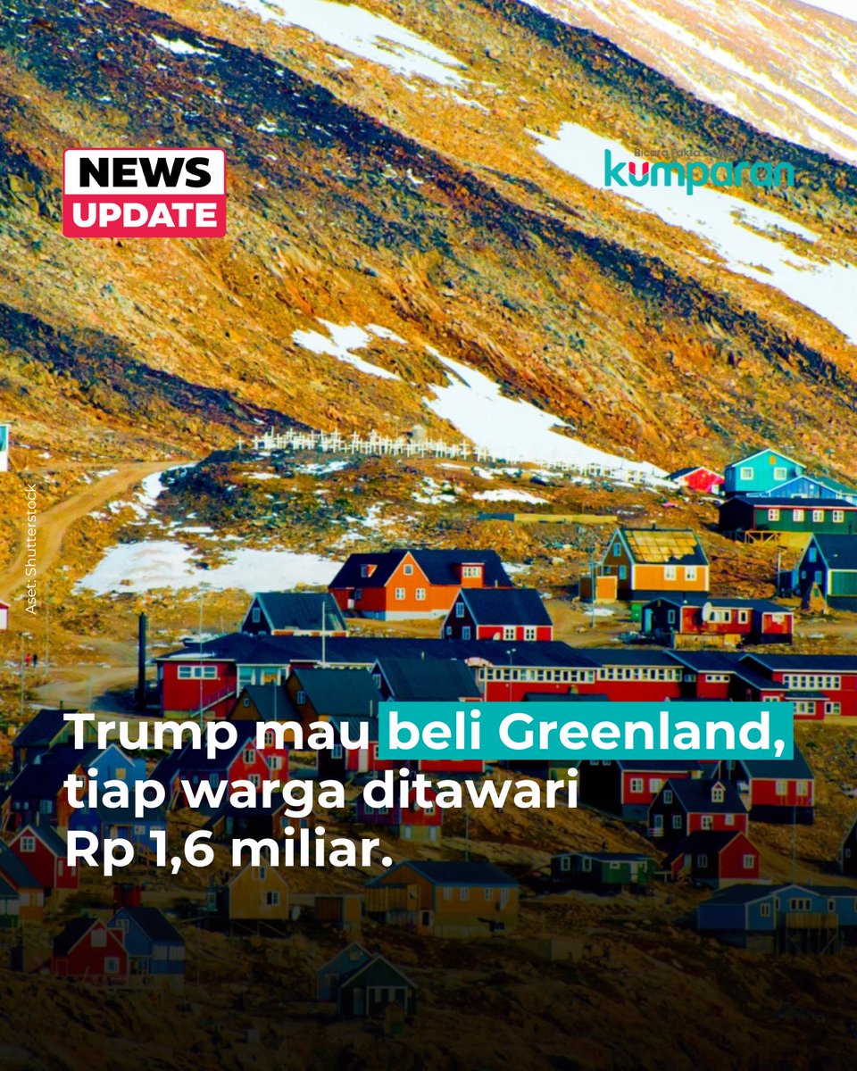 kumparan's tweet image. Presiden Amerika Serikat (AS) Donald Trump disebut tengah mempertimbangkan pemberian uang tunai kepada warga Greenland untuk membujuk mereka memisahkan diri dari Denmark dan bergabung dengan AS. Pembahasan ini dilakukan oleh sejumlah pejabat termasuk para ajudan Gedung Putih,…