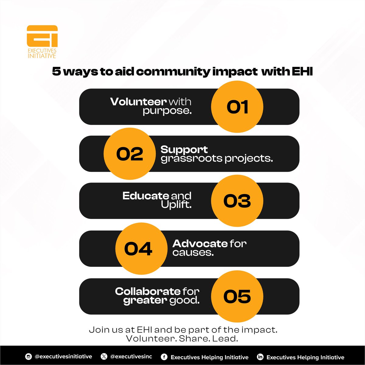 Want to make real impact in your community?
Here are 5 powerful ways you can support and grow impact with EHI.

No act is too small.
No effort is wasted.
When we show up, lives change.

Join us. Partner with us. Grow with us. 🤍

#ExecutivesHelpingInitiative #EHIImpact