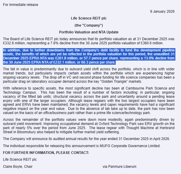 PerpetualValue's tweet image. Life Science REIT #LABS did an IPO in Nov 2021 @ 100p

It reports a FY2025 EPRA NTA valuation of 57.7p/share
Has paid only 7p in dividends
Trades at 35.6p, a 38% discount to NTA

Remarkable value destruction

In wind-down
I've held for a short time, don't hold , but might again